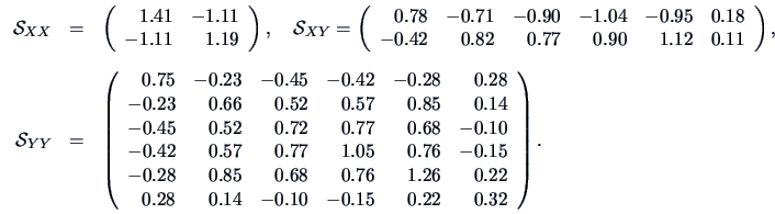 \begin{eqnarray*}
\data{S}_{XX} &=& \left (
\begin{array}{rr}
1.41& -1.11\\
...
...\
0.28& 0.14& -0.10& -0.15& 0.22& 0.32
\end{array}\right ).
\end{eqnarray*}