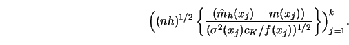\begin{displaymath}\Bigl((n h)^{1/2} \left \{{({\hat{m}}_h(x_j)-m(x_j)) \over (\sigma^2 (x_j)
c_K/f(x_j))^{1/2}} \right \} \Bigr)_{j=1}^k.\end{displaymath}