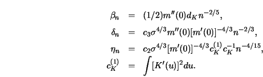 \begin{eqnarray*}
\beta_n &=& (1/2) m''(0) d_K n^{-2/5},\cr
\delta_n &=& c_3 \si...
...c_K^{(1)} c_K^{-1} n^{-4/15},\cr
c_K^{(1)} &= &\int [K'(u)]^2 du.\end{eqnarray*}