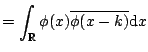 $\displaystyle = \int_{{{\mathbb{R}}}} \phi(x) \overline{ \phi(x-k)} \mathrm{d} x$