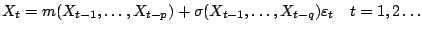 $\displaystyle X_t = m(X_{t-1}, \ldots, X_{t-p})+\sigma(X_{t-1}, \ldots, X_{t-q})\varepsilon_t\quad t=1,2 \ldots$
