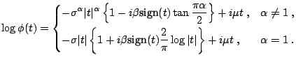 $\displaystyle \log\phi(t) = \begin{cases}\displaystyle -\sigma^{\alpha}\vert t\...
...}(t)\frac{2}{\pi}\log\vert t\vert\right\}+ i \mu t\;, & \alpha=1\;. \end{cases}$