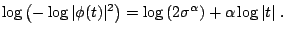 $\displaystyle \log\left(-\log\vert\phi(t)\vert^{2}\right)=\log\left(2\sigma^{\alpha}\right)+\alpha\log\vert t\vert\;.$