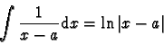 \begin{displaymath}
\int \frac{1}{x-a} \mathrm{d}x = \ln \vert x-a\vert
\end{displaymath}