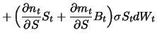 $\displaystyle + \, \Big(\displaystyle\frac{\partial n_t }{\partial S}S_t + \frac{\partial m_t }{\partial S} B_t\Big)\sigma S_t dW_t$