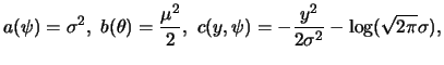$\displaystyle a(\psi) = \sigma^2, \
b(\theta)= \frac{\mu^2}{2}, \
c(y,\psi)= - \frac{y^2}{2\sigma^2} - \log(\sqrt{2\pi}\sigma),
$