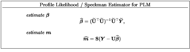 \fbox{\parbox{0.9\textwidth}{
\centerline{Profile Likelihood / Speckman Estimato...
... {\mathbf{U}}{\widehat{\boldsymbol{\beta}}})\end{displaymath}\end{itemize}}}
}}