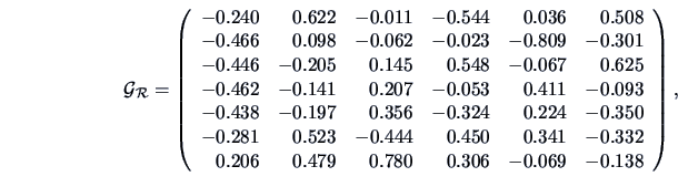 \begin{displaymath}\data{G}_{\data{R}}=
\left(\begin{array}{rrrrrr}
-0.240& 0.6...
...0.206& 0.479& 0.780& 0.306& -0.069& -0.138
\end{array}\right),\end{displaymath}
