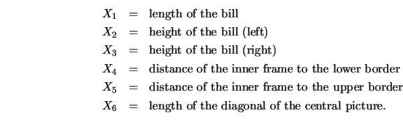 \begin{eqnarray*}
X_1 &=& \textrm{length of the bill}\\
X_2 &=& \textrm{height ...
... &=& \textrm{length of the diagonal of the central picture.}\\
\end{eqnarray*}