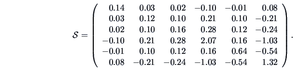 \begin{displaymath}
{\data{S}} = \left (
{\begin{array}{rrrrrr}\
0.14&0.03&0.02&...
...4\\
0.08&-0.21&-0.24&-1.03&-0.54&1.32
\end{array}}
\right) .
\end{displaymath}