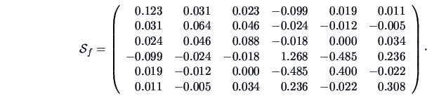 \begin{displaymath}
{\data{S}_{f}} = \left (
{\begin{array}{rrrrrr}\
0.123& 0.0...
...005& 0.034& 0.236& -0.022& 0.308\\
\end{array}}
\right)\cdot
\end{displaymath}