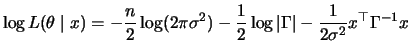 $\displaystyle \log L(\theta\mid x)= -\frac{n}{2}\log(2\pi \sigma^2) -\frac{1}{2}\log \vert\Gamma\vert - \frac{1}{2\sigma^2}x^\top \Gamma^{-1}x$