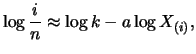$\displaystyle \log \frac{i}{n} \approx \log k -a \log X_{(i)},$