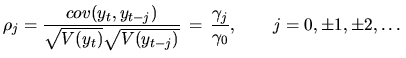 $\displaystyle \rho_{j} = \frac{cov(y_t,y_{t-j})}{\sqrt{V(y_t)}\sqrt{V(y_{t-j})}}\, =\,
\frac{\gamma_{j}}{\gamma_0}, \qquad j = 0, \pm 1, \pm 2, \dots
$