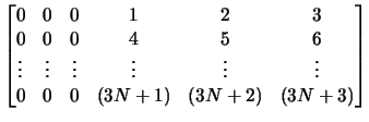 $\displaystyle \begin{bmatrix}
0 & 0 & 0 & 1 & 2 & 3 \\
0 & 0 & 0 & 4 & 5 & 6 \...
...\vdots & \vdots & \vdots \\
0 & 0 & 0 & (3N+1) & (3N+2) & (3N+3)
\end{bmatrix}$