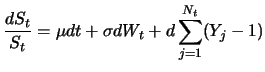 $\displaystyle \frac{dS_t}{S_t}=\mu dt + \sigma dW_t + d\sum_{j=1}^{N_t}(Y_j-1)$